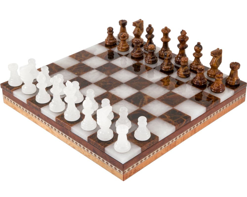 Brown & White Alabaster Chess Set with Inlaid Wooden Cabinet – Handcrafted by Scali Alabastro, Italy. Luxury chess set with storage.