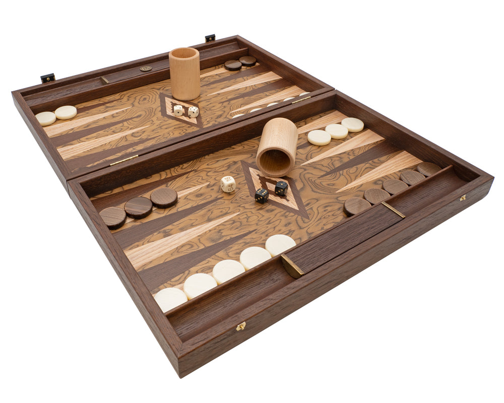 Le Coffret de Backgammon de Luxe Manopoulos en Loupe de Noyer et Wengé avec Gobelets de Luxe