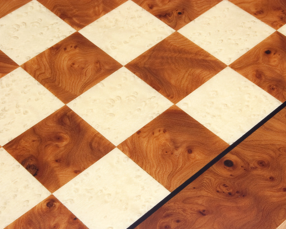 Close-up of a 20.5 inch handcrafted Briarwood and Elm luxury chess board with 1.9 inch playing squares made in Italy.