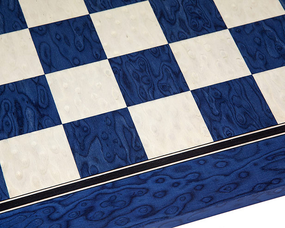 Close-up of 19.7 Inch Satin Blue Erable and Maple Deluxe Chess Board with blue stained erable wood and light maple squares.
