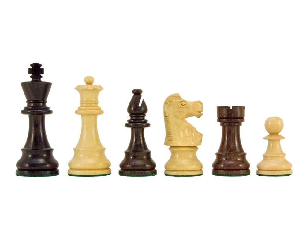 French Knight Series Rosewood Staunton chess pieces, 3.25 inch king, Indian rosewood, hand-carved knights, ideal for 18 inch board, luxury chess set
