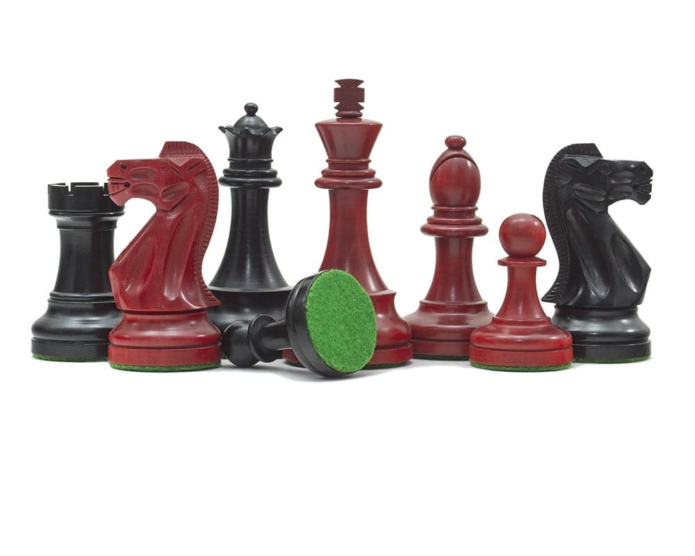 Broadbase Staunton chess men in red and black, 3.75 inch king, weighted, billiard cloth bases, ideal for 21.7 inch board by The Regency Chess Company