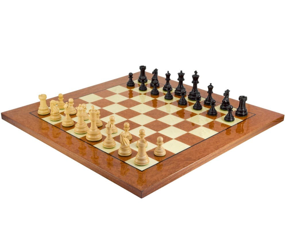 Cheltenham Ebony and Rootwood Grand Chess Set with handcrafted pieces on a 24-inch Italian board.