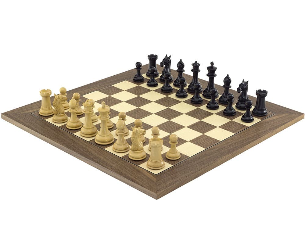 The Columbus Ebony and Walnut Chess Set with Staunton design on a 21.7-inch walnut and maple board, featuring a 4-inch King and weighted pieces.