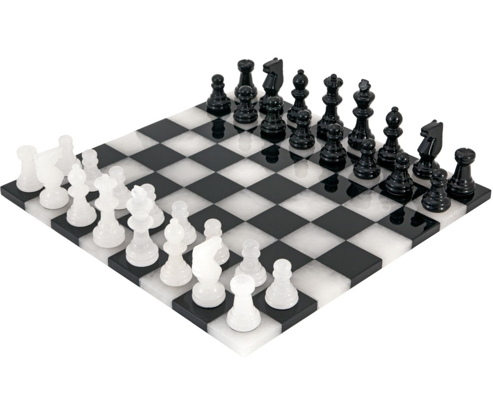 Jeu d'échecs en albâtre noir et blanc bord à bord 14 pouces