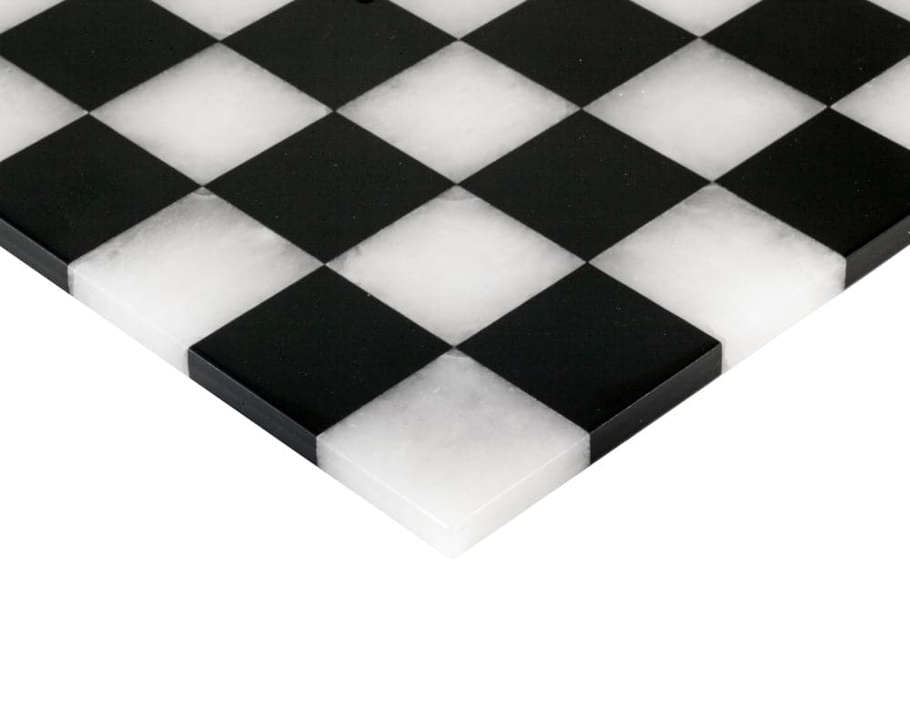 Elegant black and white edge to edge alabaster chess board with polished finish, handcrafted by Scali Alabastro.