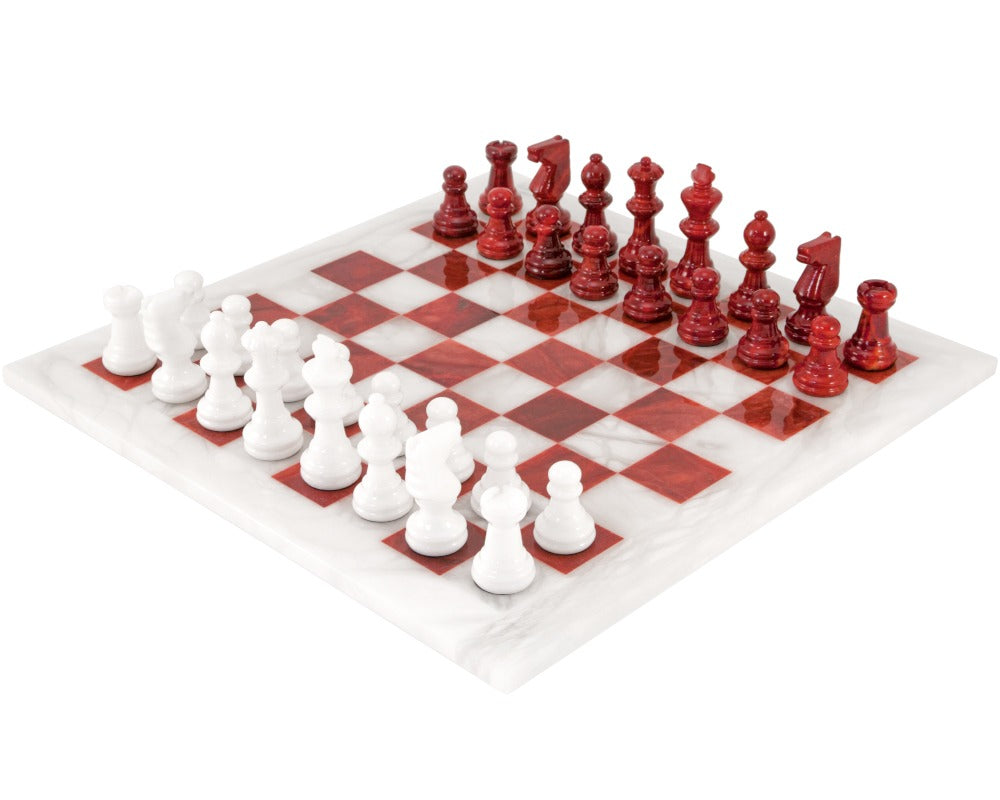 Jeu d'échecs en albâtre rouge et blanc 14.5 pouces