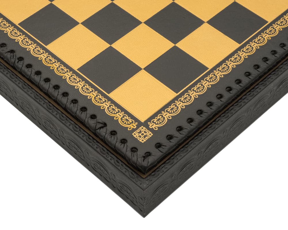 Close-up of the Italian Nero 13.75 Inch Chess Cabinet in Black and Gold Leatherette with intricate border details.