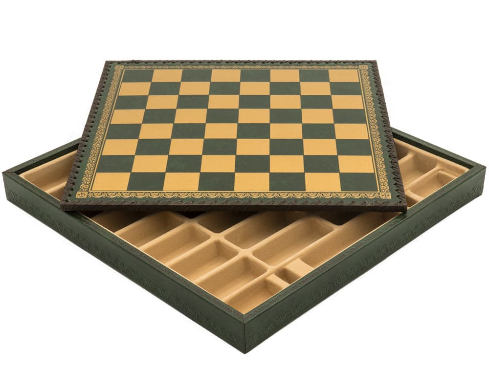 Italian Verde 13.75 Inch backgammon set with removable lid, dark green and gold leatherette chess board, compartmentalized insert, made in Italy.