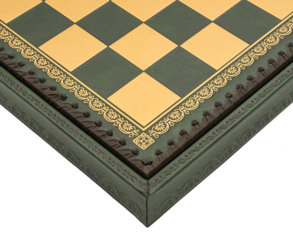 Close-up of the Italian Verde 13.75 Inch Backgammon Set's Dark Green and Gold Leatherette Chess Board with intricate detailing.