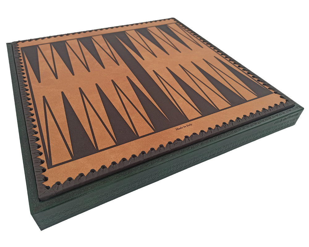 Set de Backgammon Italian Verde 13.75 Inch avec couvercle amovible, option échiquier, dés et dames