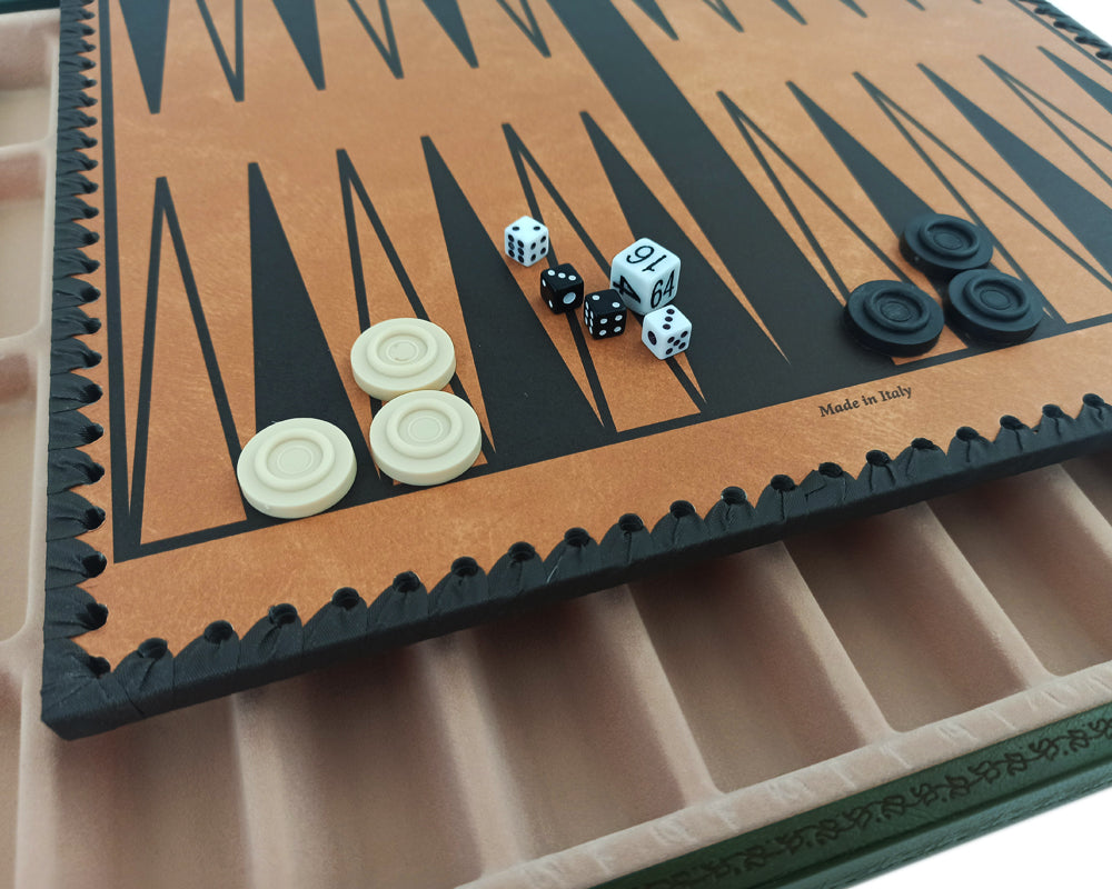 Set de Backgammon Italian Verde 13.75 Inch avec couvercle amovible, option échiquier, dés et dames