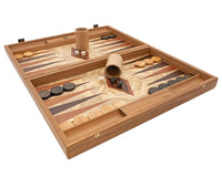 Jeu de Backgammon de luxe en loupe d'olivier par Manopoulos avec gobelets de backgammon en bois.