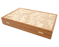 Jeu de Backgammon de luxe en loupe d'olivier par Manopoulos avec gobelets de backgammon en bois.