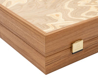 Jeu de Backgammon de luxe en loupe d'olivier par Manopoulos avec gobelets de backgammon en bois.