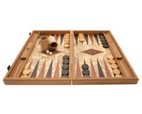 Jeu de Backgammon de luxe en loupe d'olivier par Manopoulos avec gobelets de backgammon en bois.