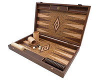 Le Coffret de Backgammon de Luxe Manopoulos en Loupe de Noyer et Wengé avec Gobelets de Luxe