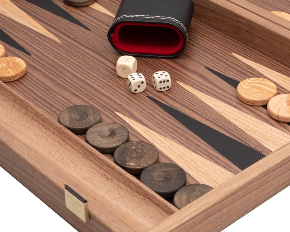 Premium Tournament Walnut & Maple Backgammon Set by Manopoulos with wooden pieces and dice on elegant wooden inlaid playing surface