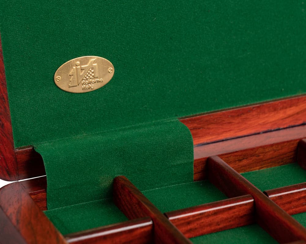 Close-up of Italian luxury wooden draughts cabinet by Italfama showing green felt interior and logo badge.