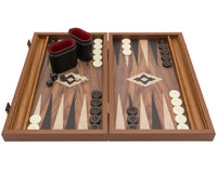 Jeu de Backgammon Compact de Club Manopoulos en Noyer Noir et Chêne avec Gobelets Deluxe en Vinyle