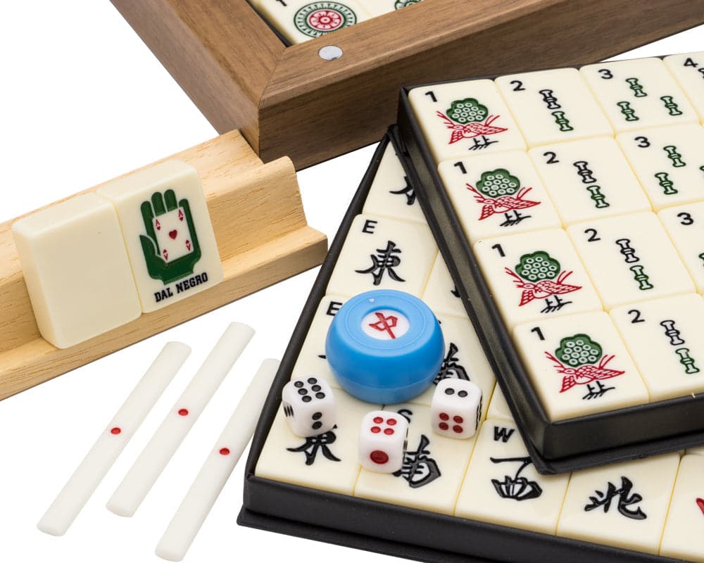 Dal Negro luxury Mah Jong set with walnut case, featuring high-quality tiles, dice, chips, and a stunning wooden storage case.