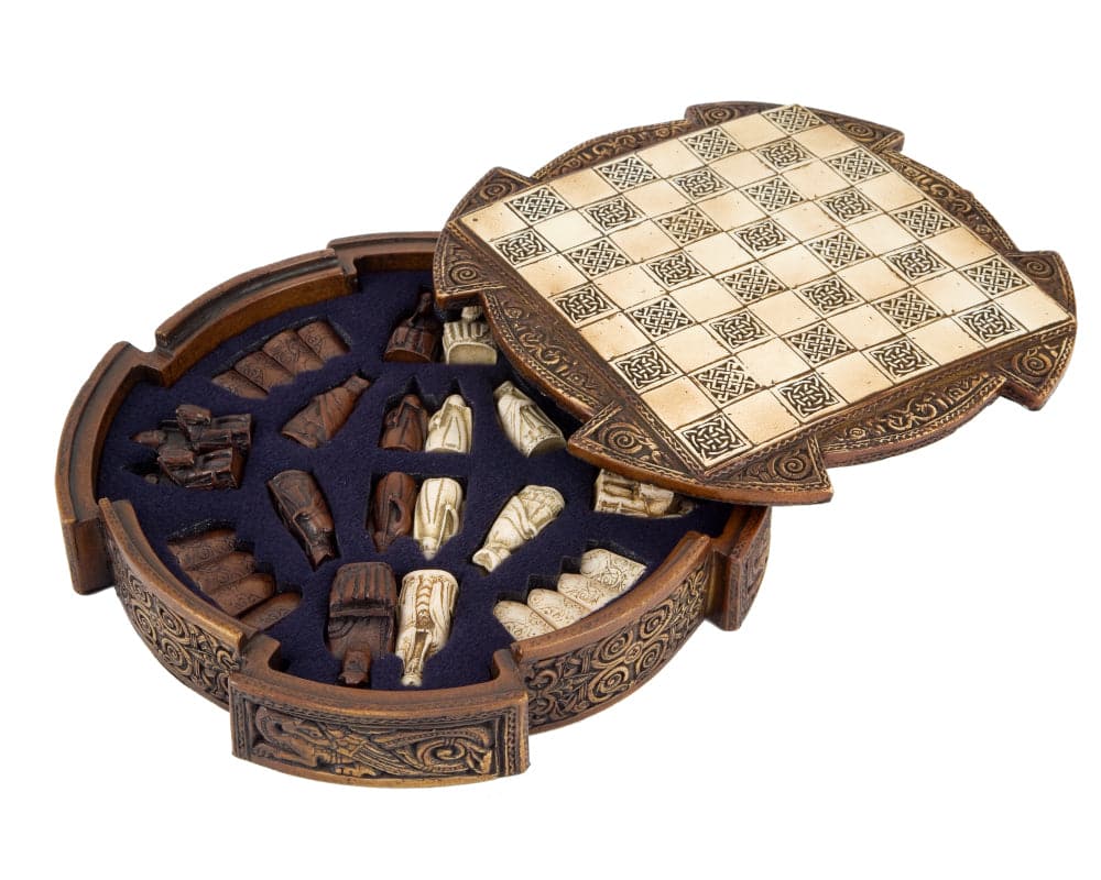 Isle of Lewis Compact Celtic Chess Set 9 Inches featuring miniature chessmen and a detailed stoneware board and case.