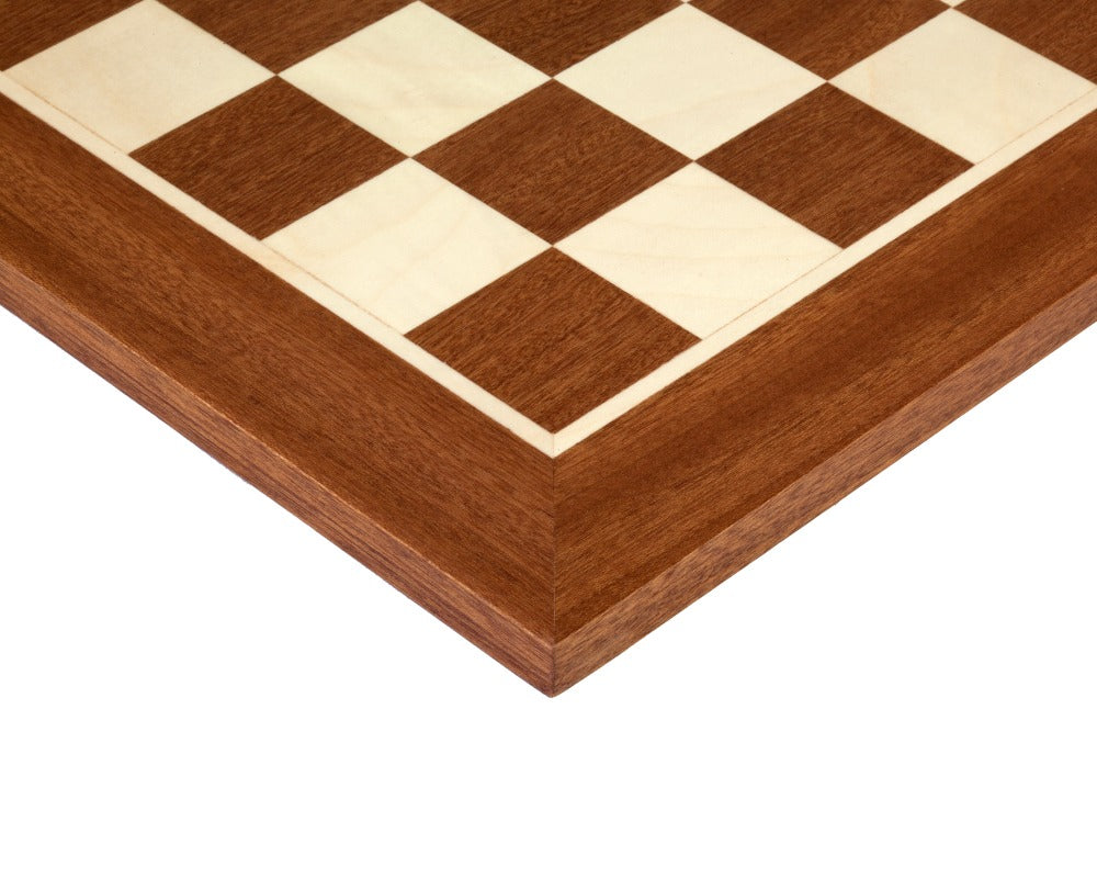 Close-up of the 16 Inch No.4 inlaid wooden chess board with classic Staunton design and impeccable detail.