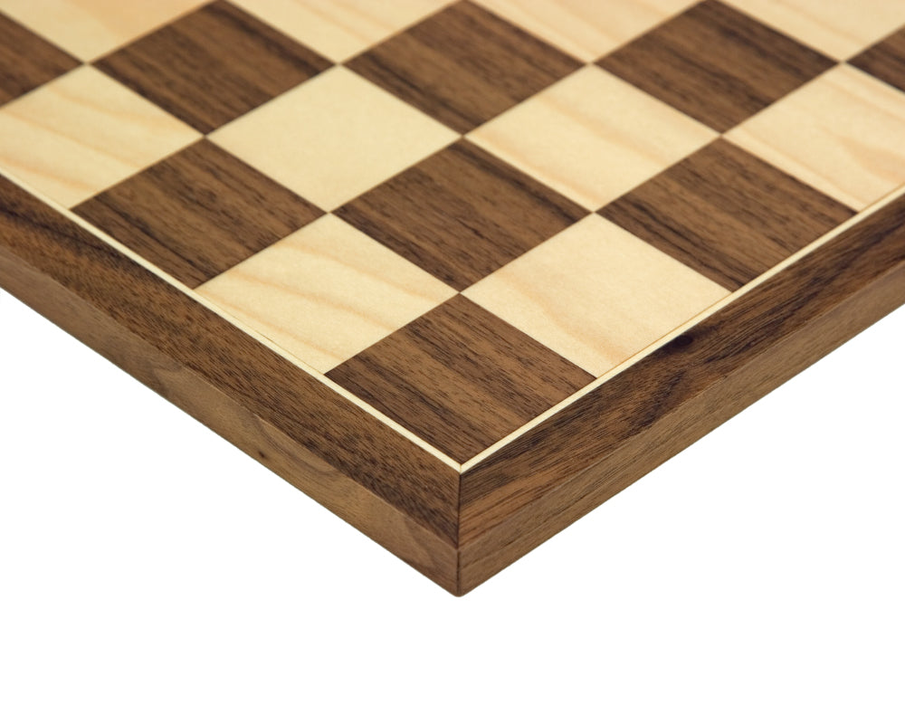 17.75 inch walnut and maple chess board with 1.97 inch squares, crafted in Spain by Rechapados Ferrer S.A.