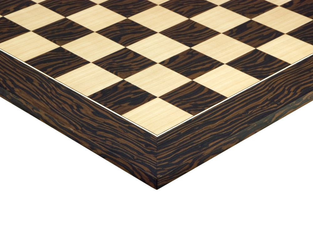 Close-up of 21.7 inch Tiger Ebony and Maple Deluxe Chess Board with 2.17 inch playing squares and wenge wood base by Rechapados Ferrer S.A.