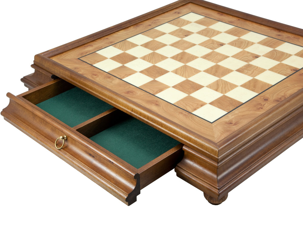 23.6 Inch Briarwood and Elm Chess Cabinet with drawer open for piece storage by Italfama, featuring 2 inch playing squares.