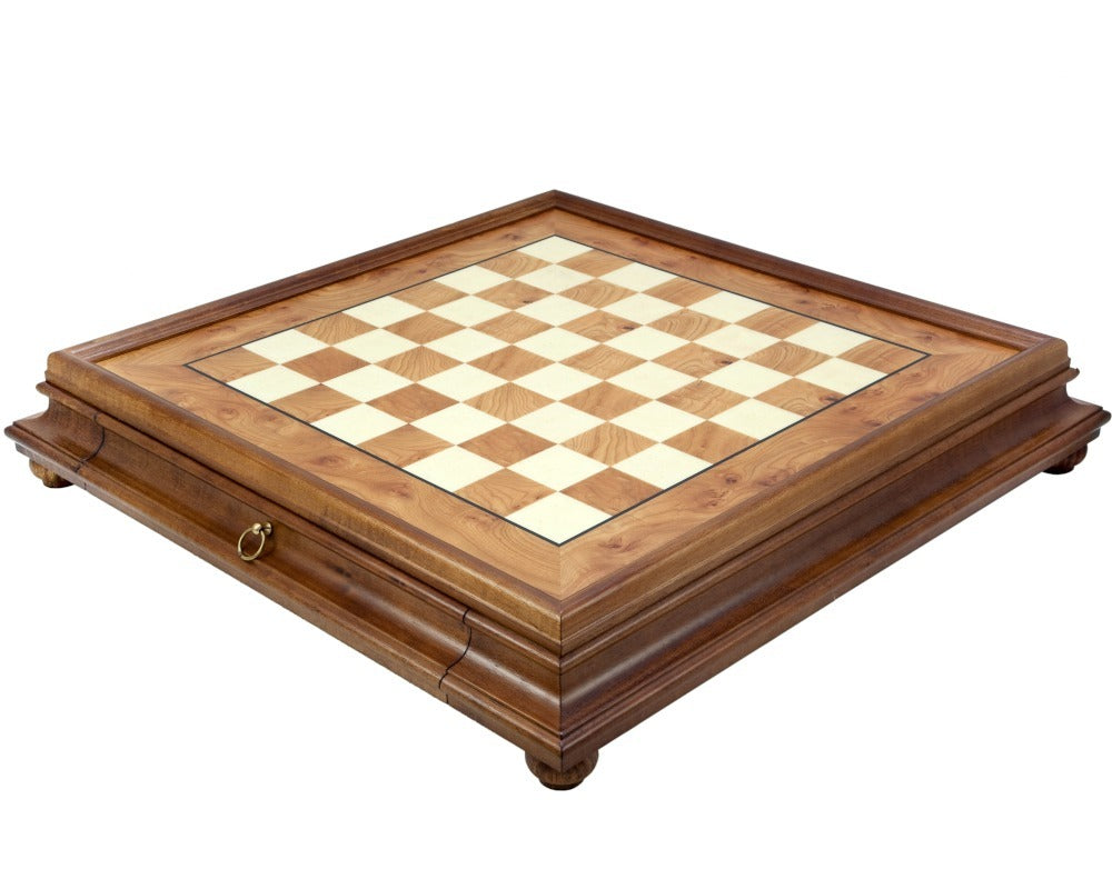 23.6 inch Briarwood and Elm chess cabinet with drawer, showcasing intricate craftsmanship from Italfama, a top Italian chess manufacturer.