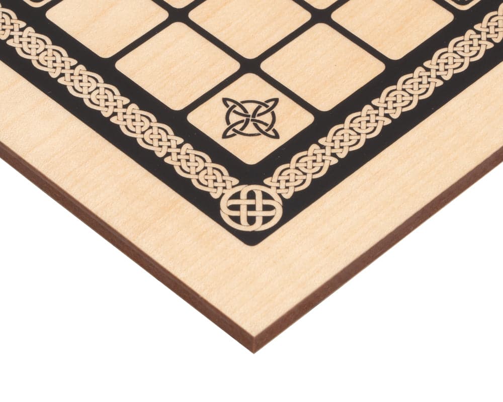 Close-up of The Viking Game Board corner with intricate Celtic design and high-quality Sycamore veneer, crafted by Rechapados Ferrer S.A.