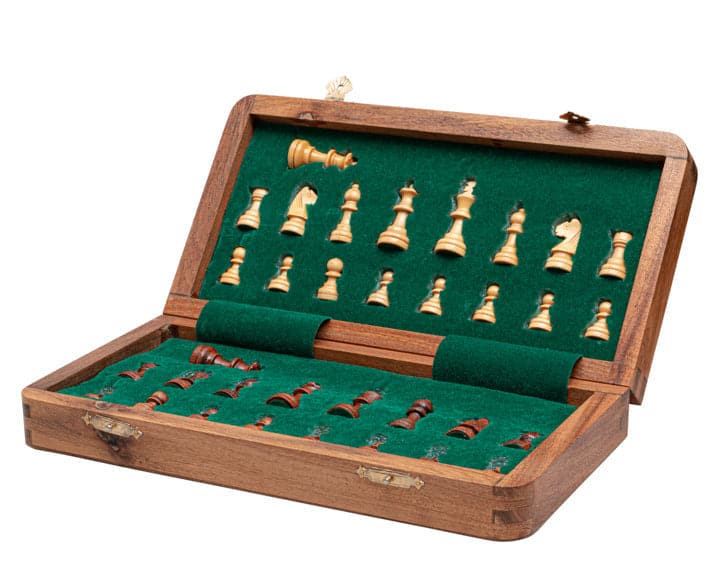 10 inch wooden folding chess set with Staunton-style pieces and felt-lined storage compartments