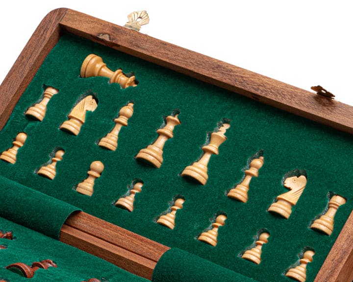 10 inch magnetic folding chess set with wooden Staunton style chessmen in a felt-lined storage compartment