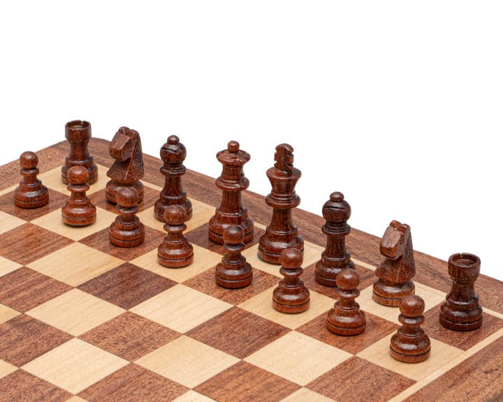 Magnetic folding wooden chess set with Staunton-style chessmen on a 10 inch board