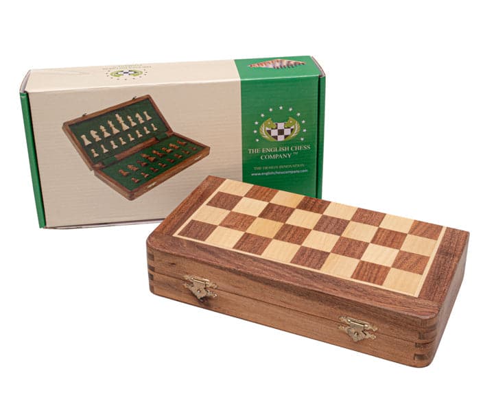 10 inch magnetic folding wooden chess set with Staunton style pieces and felt-lined storage compartments in a box.