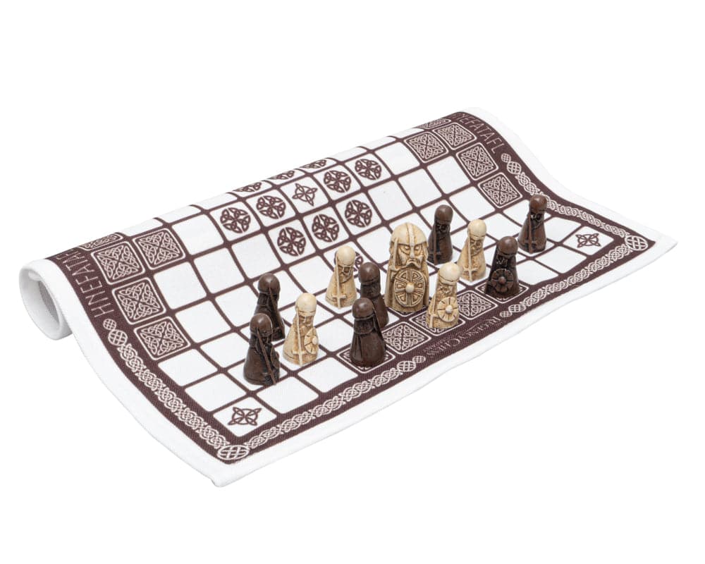 Hnefatafl - The Viking Game with linen playing surface and game pieces including 1 white King, 12 white Defenders and 24 dark Attackers.