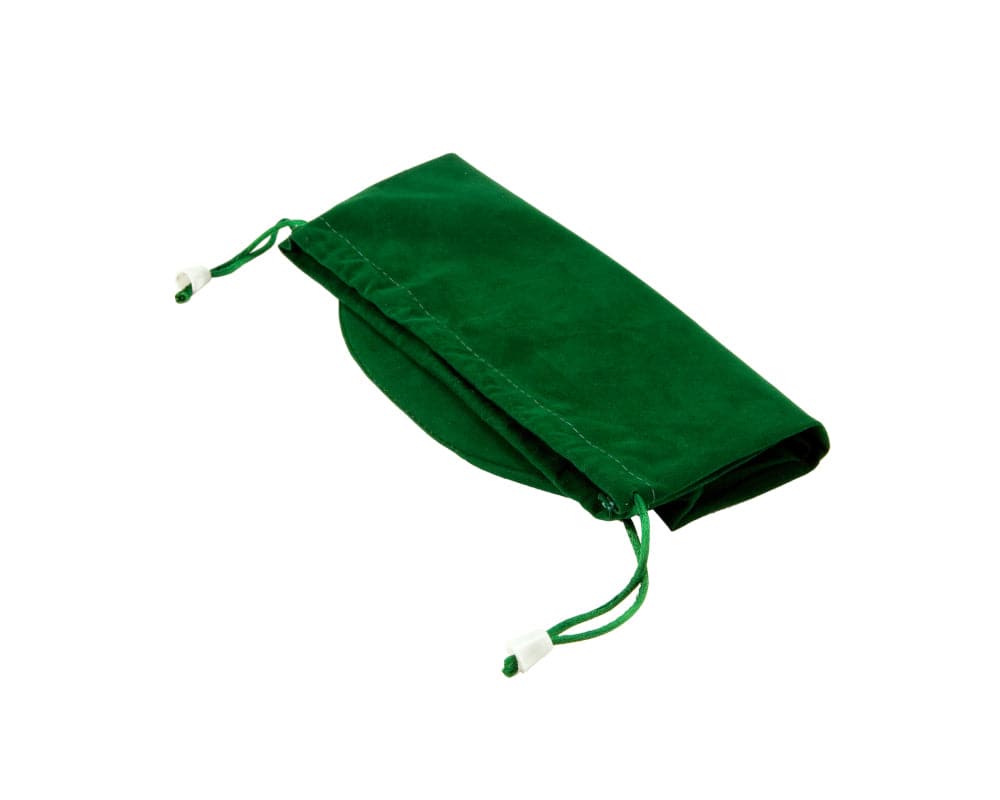 Green drawstring chess piece bag made from plush corded fabric for storing up to 4-inch chess pieces, providing elegant and safe storage.