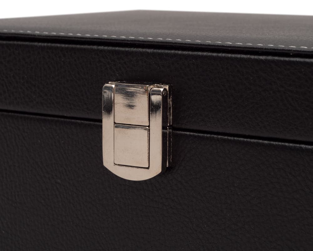 Close-up of black leatherette chess piece case with chrome clasp, featuring rexene material and detailed stitching.