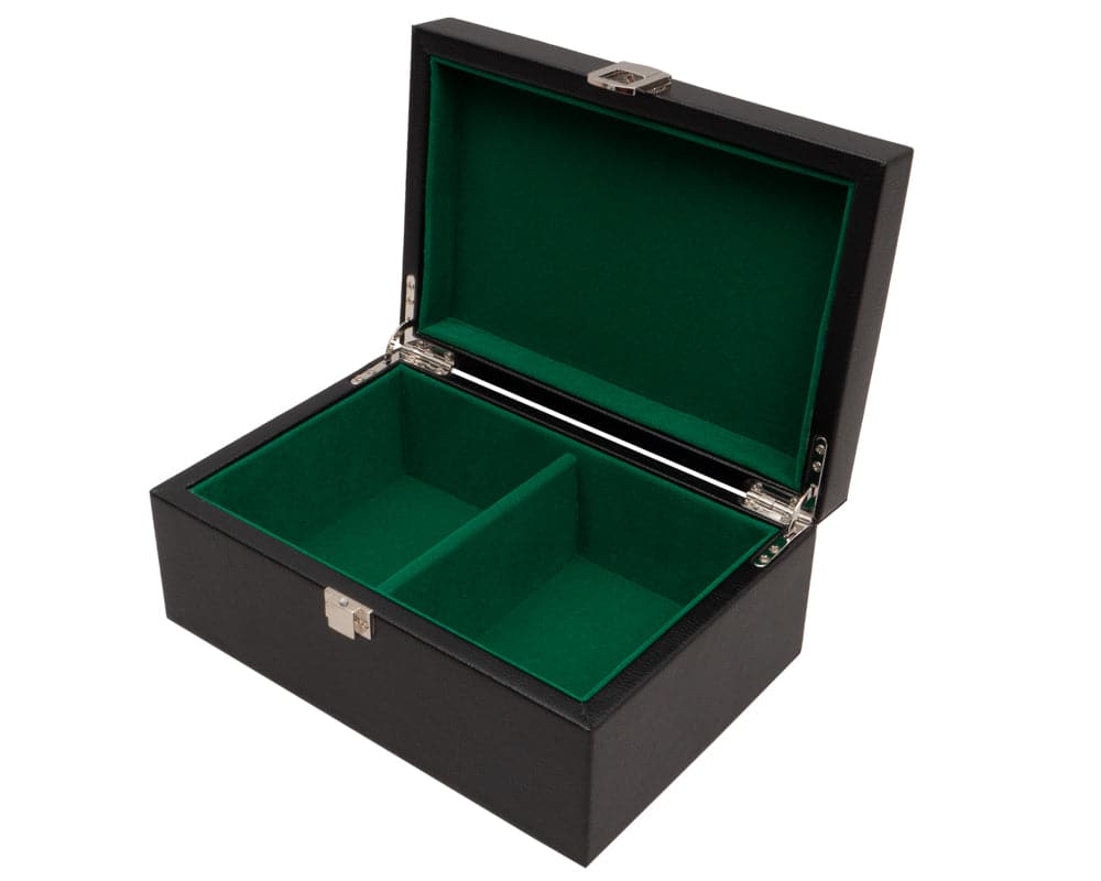 Black leatherette chess piece case with cushioned interior compartments and chrome furniture for Staunton set up to King height of 3.5"