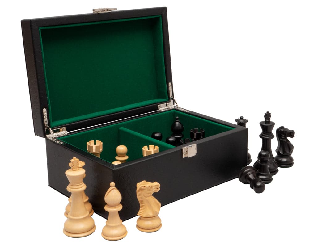 Black leatherette chess piece case with green cushioned interior compartments and assorted chess pieces displayed outside.