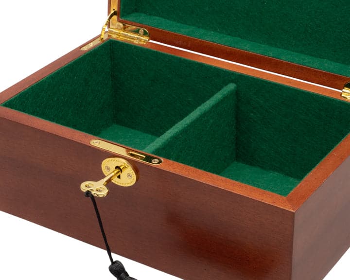 Large Deluxe Mahogany Chess Box with Green Felt Interior and Key, Maple/Acer, Dimensions 26x20x13 cm