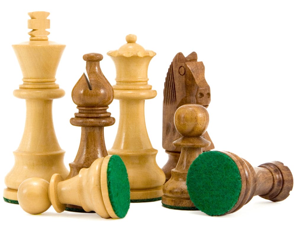 Down Head Knight Sheesham Staunton Chess Pieces 3.25 Inches crafted from boxwood and golden rosewood.