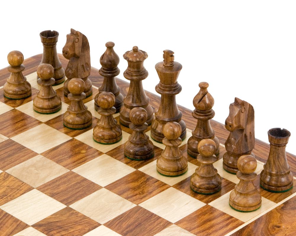 Down Head Knight Sheesham Staunton Chess Pieces on board with 3.25 inch king, crafted from boxwood and golden rosewood