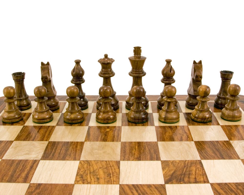 Down Head Knight Sheesham Staunton Chess Pieces 3.25 Inches on chessboard crafted from boxwood and golden rosewood, classic design, weighted and felted.