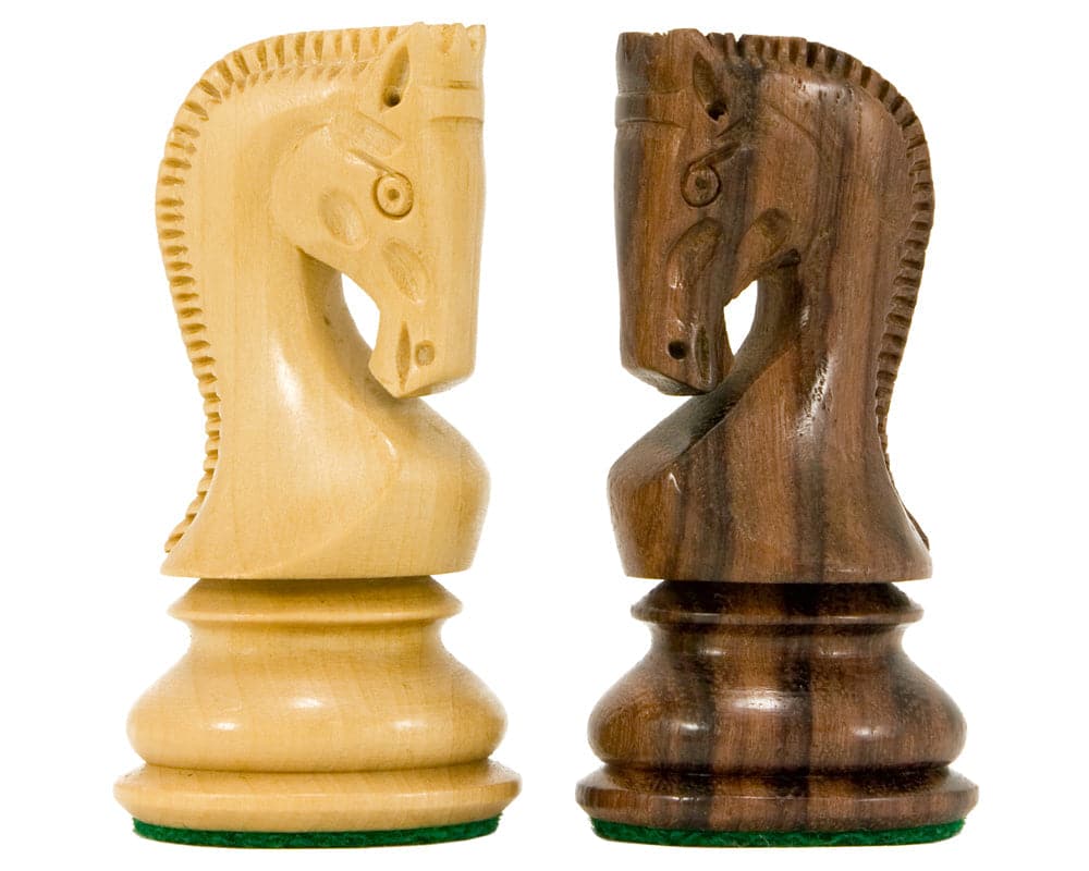 Antipodean Series Rosewood Staunton Chessmen knights in contrasting colors, showcasing unique handcrafted design.