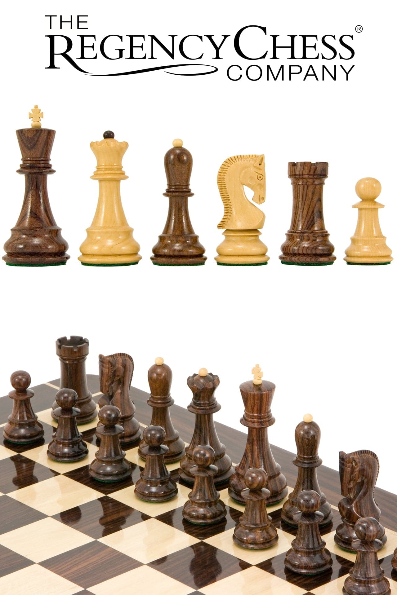 Antipodean Series Rosewood Staunton Chessmen on dark grain board by Regency Chess Company