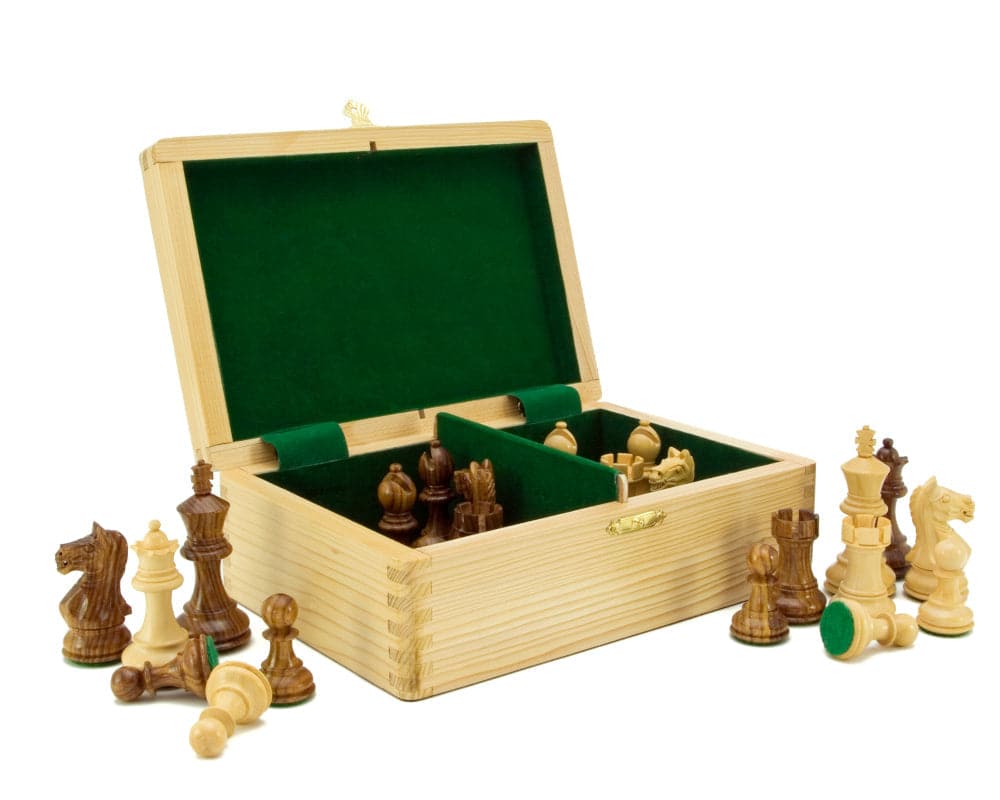 Sheesham and boxwood Staunton chessmen set with 3 inch king and wooden storage case.