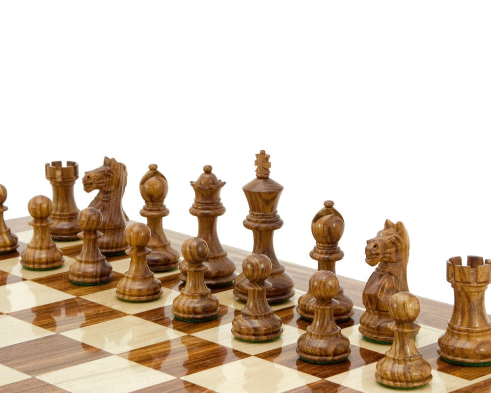 Fierce Knight Sheesham Staunton Chess Pieces with Wooden Storage Case on Chessboard