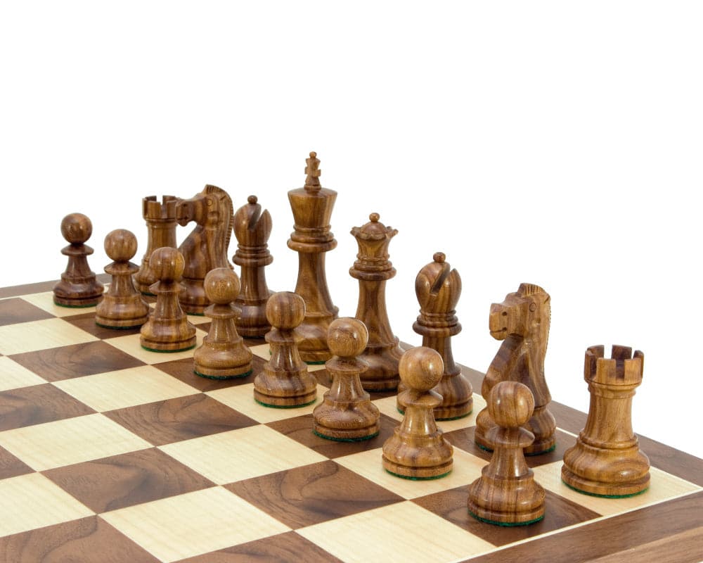 Jacob Knight Golden Rosewood Staunton chess pieces 3.75 inches on a chess board displaying outstanding craftsmanship and detail